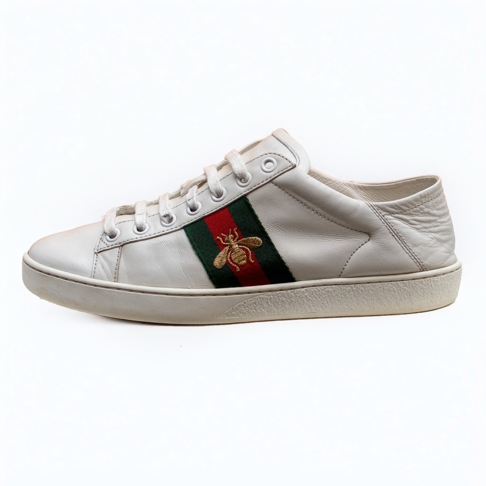Gucci White Leather Low-Top Sneakers with Green and Red Web and Gold Bee - Picture 3 of 15